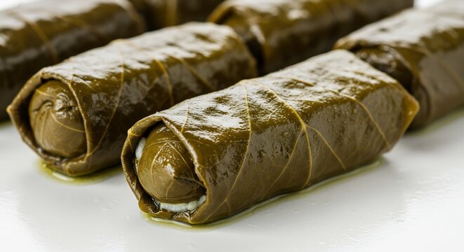 Dolma Delight: A close-up of traditional stuffed grape leaves, also known as dolma, showcasing their intricate wrapping and savory filling. A popular Mediterranean and Middle Eastern appetizer.