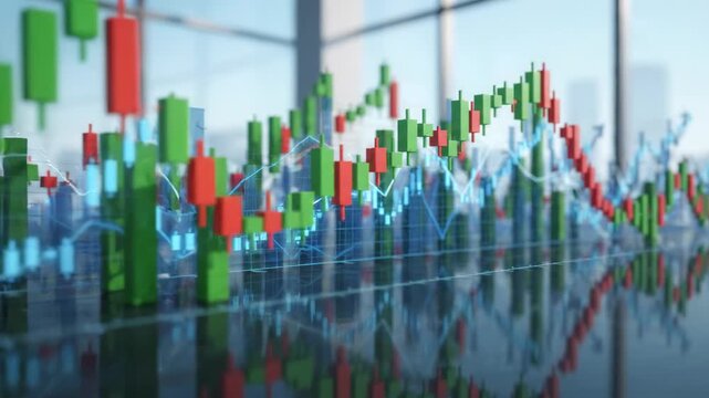 financial stock market candlestick chart showing uptrend and downtrend, trading data analysis, business investment growth, economic trends