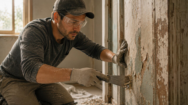 Male construction worker wearing safety glasses and gloves removes peeling paint from a wall with a putty knife in a partially renovated room with natural light streaming through a window