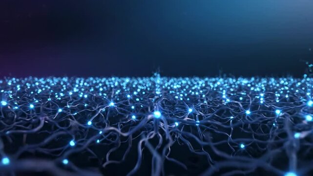 Abstract network of glowing blue neurons firing electrical impulses, symbolizing neural connections and brain activity, perfect for science and technology concepts