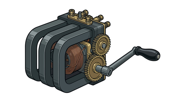 Vintage hand cranked electrical generator with copper coils and metal gears.