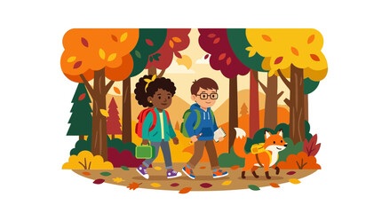 Naklejka premium Cartoon Students Hiking Through Autumn Forest with Pet Fox
