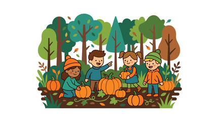 Fototapeta premium Children Picking Pumpkins in Autumn Forest Illustration