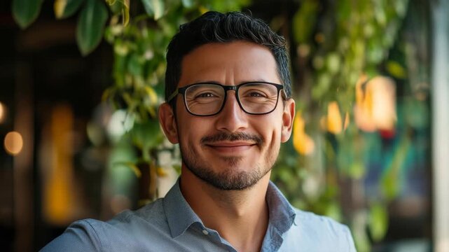 A cheerful person wearing eyeglasses outdoors
