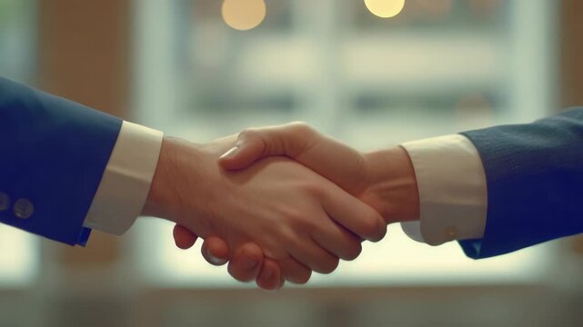 Two men shake hands in a professional setting, wearing suits and ties