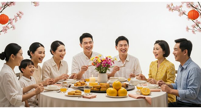 Family Reunion Feast: A joyous multi-generational family gathers around a banquet table, sharing a delicious meal and laughter, symbolizing togetherness and tradition during a festive occasion.