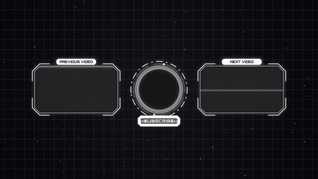 Futuristic youtube end screen overlay with digital interface and subscribe button
