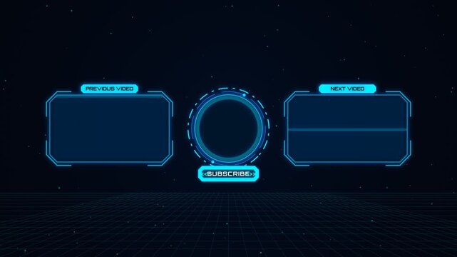 Futuristic youtube end screen template with glowing blue digital interface