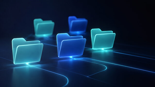 Digital Folders: Glowing digital folders in shades of blue and teal, connected by luminous lines on a dark, futuristic background, symbolizing data organization and network connection.