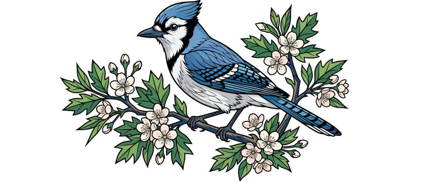 Blue Jay Bird Perched on Blooming Branch