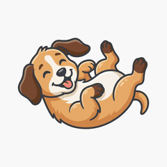 Cute cartoon puppy illustration showing a happy brown and white dog rolling on its back with paws up and tongue out. Flat vector design isolated on white for animal and pet themes.