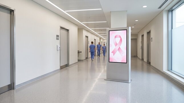 Modern Hospital Corridor with Pink Ribbon Awareness Display for Breast Cancer Screening, Women Healthcare and October Medical Campaign