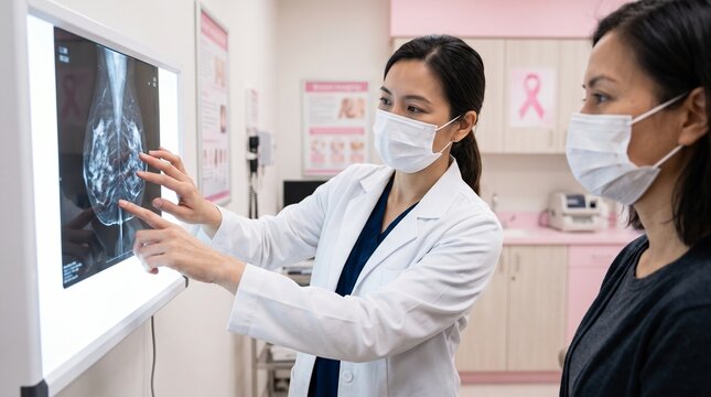 Doctor Reviewing Mammogram Scan with Female Patient for Breast Cancer Screening, Early Detection and Women Healthcare Awareness
