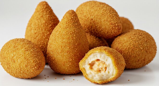 Golden Fried Delicacy: A close-up of a pile of perfectly golden-fried croquettes, some whole and others halved to reveal a creamy, savory filling, inviting a taste of delicious comfort food.