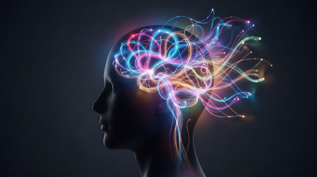 A profile silhouette of a human head filled with vibrant, glowing fiber-optic light trails and waves symbolizing brain activity, neural connections, cognitive thought, and creative intelligence on...