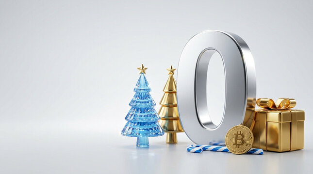 Large 3D silver number zero featuring a blue crystal Christmas tree, a gold metal tree, a gold gift box, a physical bitcoin coin, and candy canes on a white studio background.