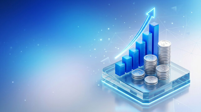 3D illustration showing a rising blue bar chart with a glowing upward arrow and silver coin stacks on a glass platform, representing financial growth and investment success.
