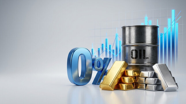 3D render of a blue zero percent interest rate symbol next to a crude oil drum and stacks of gold and silver bullion bars with a blue stock market bar chart in the background.