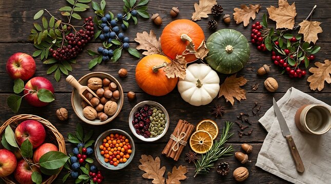 Autumn harvest composition with pumpkins apples nuts and dried spices on a rustic dark wooden background