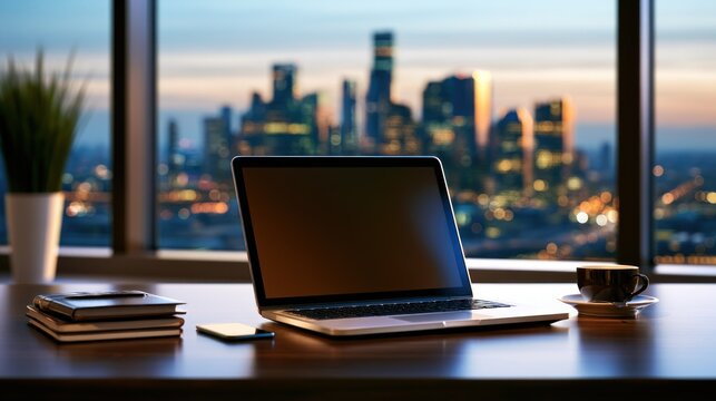 A laptop computer with a blank screen, placed on a wooden desk in front of a large window with a city skyline view, featuring a green plant, a cup of coffee, and a stack of books.