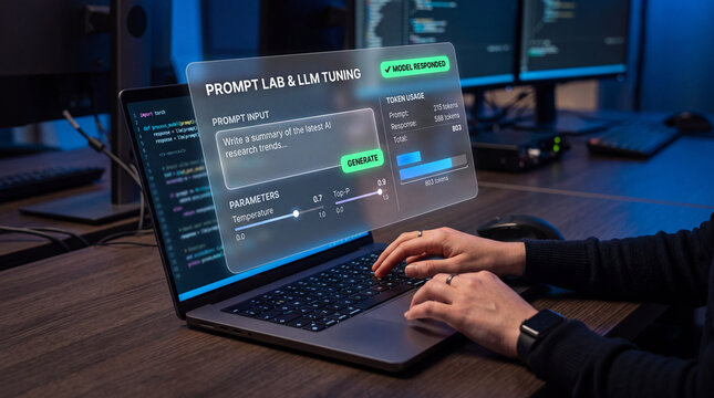 Professional typing on a laptop with a futuristic holographic prompt lab and LLM tuning interface in an office