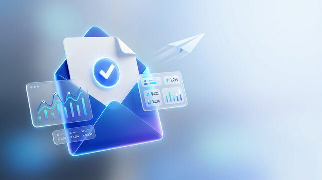 3D illustration of an open blue envelope with a verified checkmark document, floating data visualization glass panels, line charts, and bar graphs for email marketing analysis.