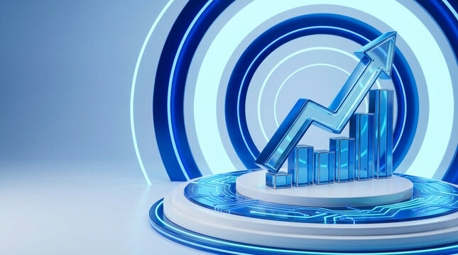 3D blue glass bar chart with an upward rising arrow on a circular tech podium featuring digital circuit patterns against a background of glowing blue concentric neon rings.