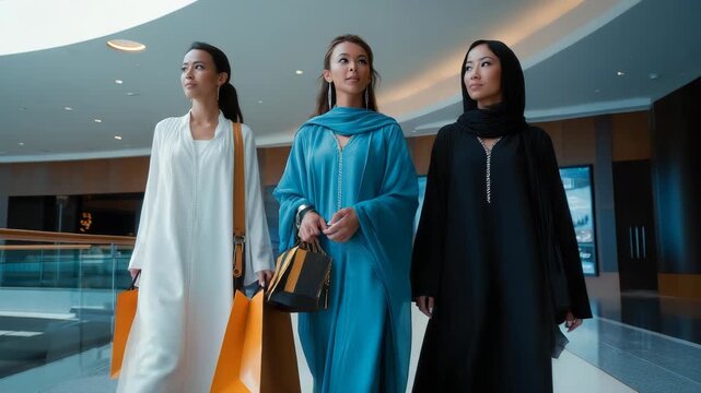 Three Women In Traditional Clothing Walking In Modern Mall