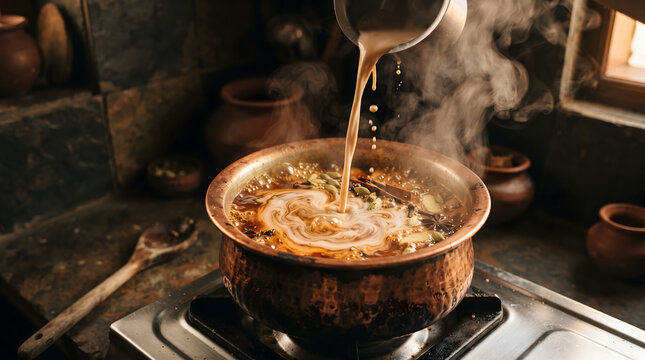 A close-up shot of hot milk pouring from a metal jug into a bubbling copper pot of spiced masala chai tea on a stove. Steam rises from the aromatic brew mixed with cardamom, cinnamon, and star anis...