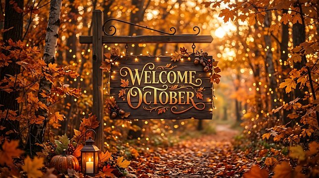 Decorative wooden sign with welcome october text hanging in a beautiful golden autumn forest with fairy lights