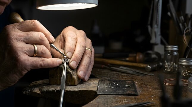 Jeweler meticulously crafting intricate pendant with diamond using fine tools and magnifying lamp
