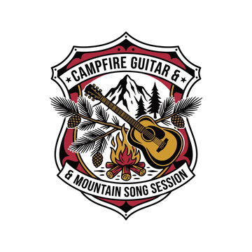 Vintage style badge emblem featuring campfire guitar and mountain song session vector illustration.