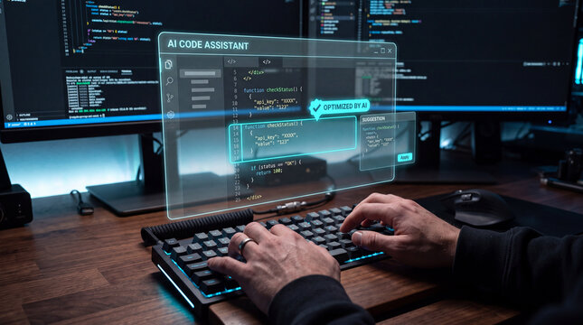 Professional typing on a keyboard with a futuristic holographic AI code assistant and optimized by AI interface in a setup with multiple monitors