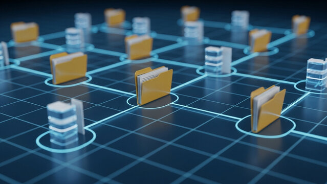 3D conceptual illustration of digital data management and storage featuring yellow document folders and server icons connected by glowing blue circuit lines on a dark grid.