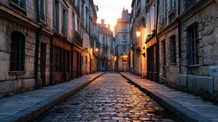 Fototapeta premium A cobblestone street in a European city at dusk, with a warm glow from streetlights and a lone figure walking in the distance.