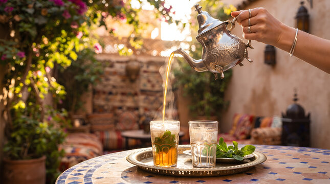 Hand pouring hot traditional Moroccan mint tea from an ornate metal teapot into a glass on a zellige mosaic table. The sunny outdoor riad courtyard background is filled with warm light, steam, and...