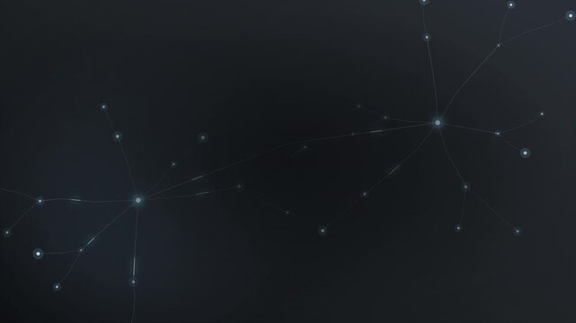 Abstract connection between two digital neural network hubs with glowing data paths