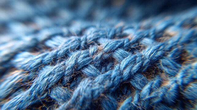 Macro detail of blue woven fabric showing thick tangled yarn threads with soft blurry background depth