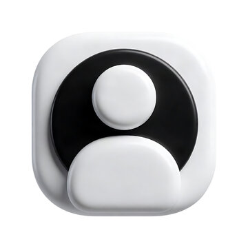 3D white app icon with user profile and account symbol isolated on black background, human avatar and member concept