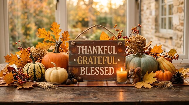 Rustic thankful grateful blessed wooden sign surrounded by autumn harvest pumpkins and fall foliage on a table