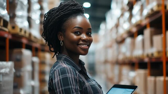 Smiling woman standing amidst shelves filled with cardboard boxes.