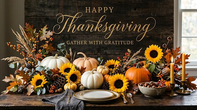 Rustic Thanksgiving table centerpiece with sunflowers pumpkins autumn leaves and lit candles on wooden background