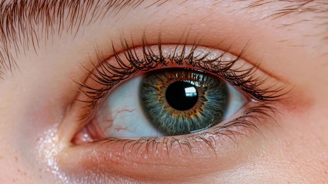 This showcases a person's eye in high detail, with the iris displaying shades of brown and green. The surrounding skin tone is visible along with the eyelashes.