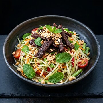 crunchy green vietnamese papaya salad gỏi kh&ocirc; b&ograve; topped with tender beef jerky strips, crushed peanuts, and fresh mint leaves,