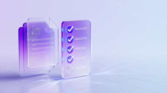 3D rendering of translucent glassmorphism icons featuring a stack of document folders and a checklist with neon blue checkmarks on a minimalist light purple background concept.