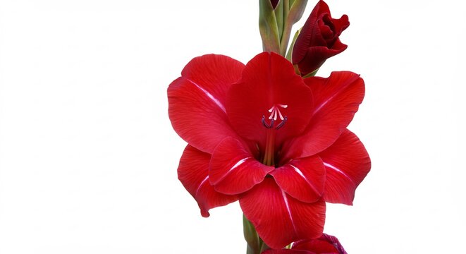 Velvet Bloom: A striking red gladiolus, its petals unfurling with elegant grace, stands proudly against a clean white background, a symbol of strength and vibrant beauty.