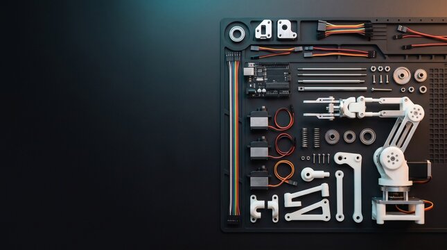 Top view flat lay of DIY robotic arm components microcontroller board servo motors and electronic tools neatly arranged on a black work mat with copy space.