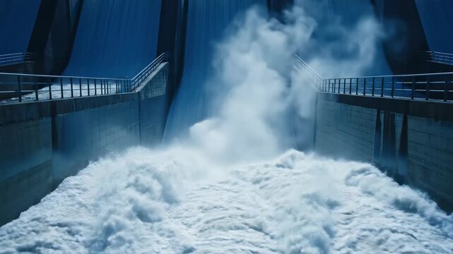 Massive water flow released from a hydroelectric dam spillway, powerful energy, renewable power generation, industrial structure, water splash and mist, blue tones