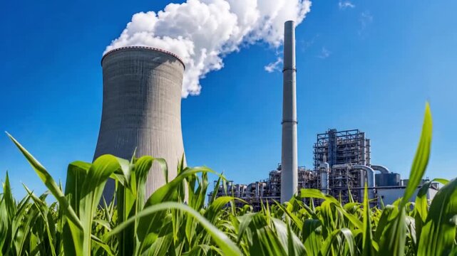 Industrial Power Plant with Cooling Tower and Steam behind Lush Green Agricultural Cornfield