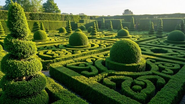 Formal Garden: An immaculately manicured formal garden with intricate topiary designs and geometric parterres, bathed in the soft light of a summer morning.